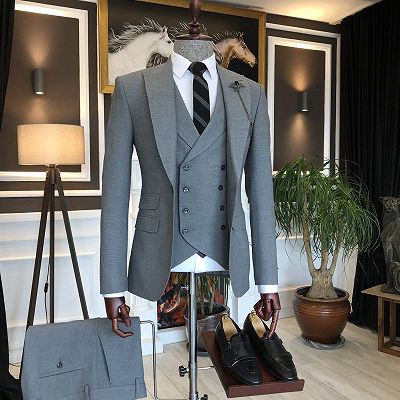 Stylish Gray 3-pieces Peaked Lapel Men Suits For Business