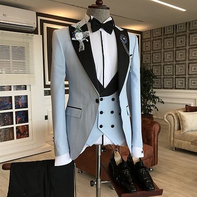 Angel Sky Blue 3-Pieces Black Peaked Lapel Slim Fit Prom Men Suits