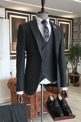 Quentin Black Small Plaid 3-Pieces Notched Lapel Business Men Suits_1