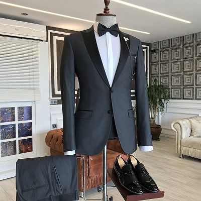 Barnett Classic Black Peaked Lapel Single Breasted Formal Business Men Suits_2