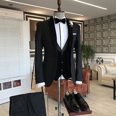 Derrick Classic 3-pieces Black Shawl Lapel Slim Fit wedding tuxedos For Grooms_2