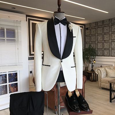 Michael Simple White Shawl Lapel Wedding Suit For Grooms_2