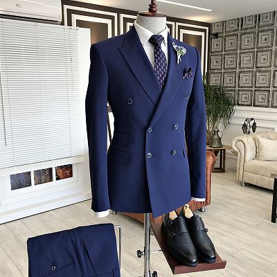 Nelson Modern Navy Blue Peaked Lapel Double Breasted Formal Business ...