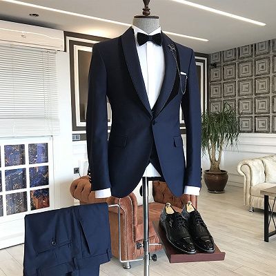 Gene Popular Navy Blue Shawl Lapel With One Button Wedding Suit_2