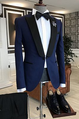 Jacob Modern Navy Blue Mixed Black Peaked Lapel One Button Slim Fit Prom Men Suit_1