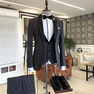 Elmer Classic 3-pieces Black Notched Lapel Slim Fit Business Men Suits