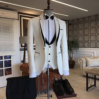 Matt Simple Black White Notched Lapel Slim Fit Prom men suits