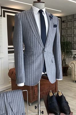 Myron Gray Striped Peaked Lapel Slim Fit Formal Business Men Suits_1