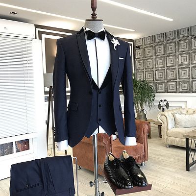 Albert Navy Blue 3-Pieces Notched Lapel One Button Slim Fit Business Men Suits_2