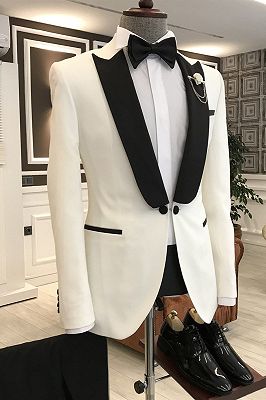 Jason Simple White Mixed Black Peaked Lapel One Button Slim Fit Prom Men Suit_1