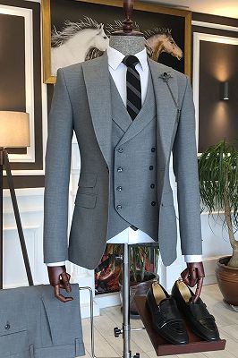 Stylish Gray 3-pieces Peaked Lapel Men Suits For Business_1
