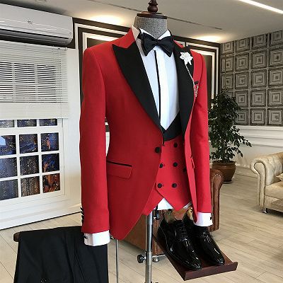 Anthony Red 3-Pieces Black Peaked Lapel Prom Suits For Men_2