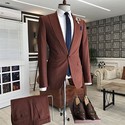 Jeff Stylish Slim Fit Striped Peaked Lapel 3 Flaps Business Men Suits