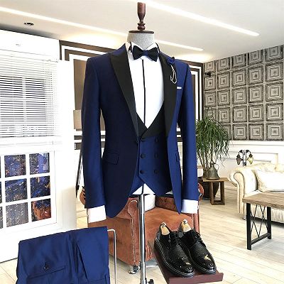 Noah Royal Blue 3-pieces Black Peaked Lapel Business Men Suits_2