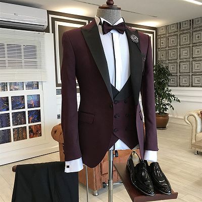 Kent Burgundy 3-Pieces Black Peaked Lapel Double Breasted Waistcoat Men Suits