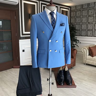 Solomon Solid Blue Peaked Lapel Double Breasted Business Men Suits