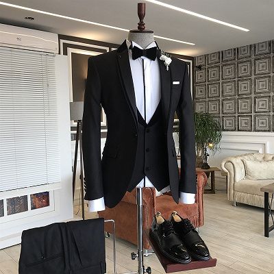 Ryan Black 3-Pieces Notched Lapel One Button Slim Fit Suits For Business_2