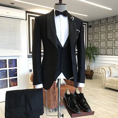 Felix 3-pieces All Black Shawl Lapel One Button Wedding Suits For Grooms