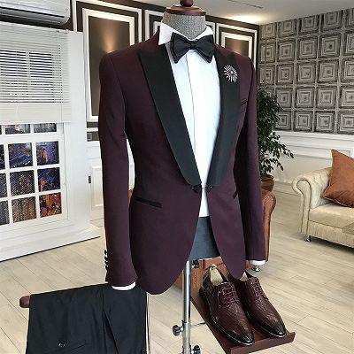 Jeffrey Burgundy Mixed Black Peaked Lapel One Button Men's Formal Suit