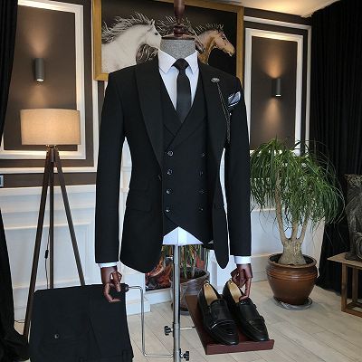 Charles New Arrival All Black 3-Pieces Peaked Lapel Formal Business Suits