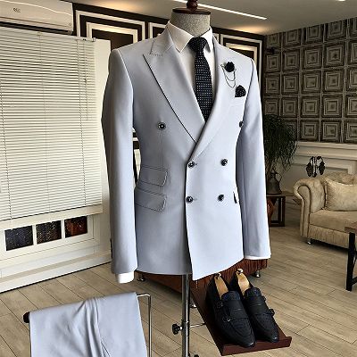 Hogan Popular Peaked Lapel Double Breasted Slim Fit Business Men Suits_2