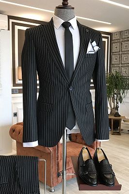 Reg Regular Black Striped Notched Lapel Formal Jackets For Men