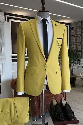 Solomon Yellow Peaked Lapel One Button 3 Flaps Prom Men Suits_1