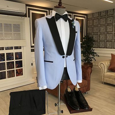 John New Arrival Sky Blue One Button Slim Fit Men Suits Mixed Black Peaked Lapel_2