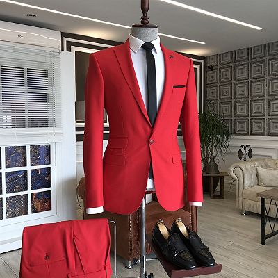 Beacher Red Peaked Lapel Slim Fit Bespoke Prom Men Suits_2