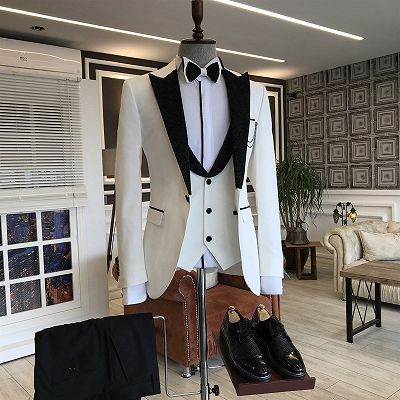 Carl Smart 3-pieces White Prom Men Suits mixed Black Peaked Lapel