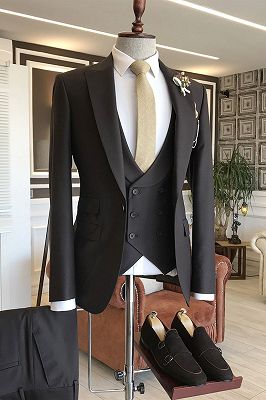 Hyman Classic 3-pieces Black Peaked Lapel Business Men Suits_1