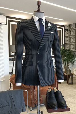 Milo Classic Black Striped Double Breasted Peaked Lapel Business Suits_1
