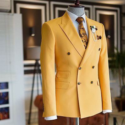 Nigel New Arrival Yellow Peaked Lapel Double Breasted Tailored Prom Suits_2