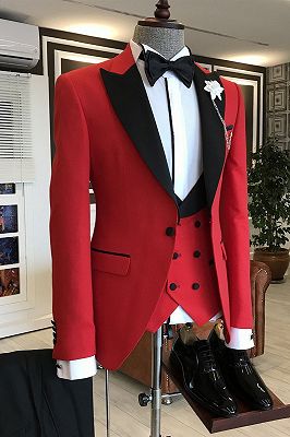 Anthony Red 3-Pieces Black Peaked Lapel Prom Suits For Men
