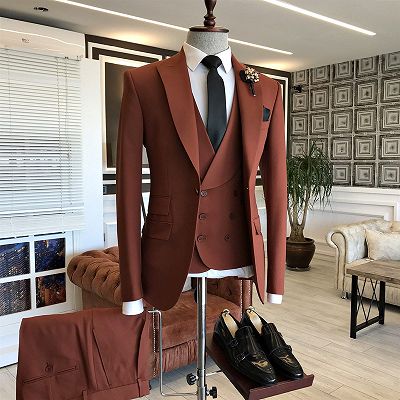 Dust Orange 3-pieces Peaked Lapel One Button Suits For Business