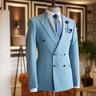 Lambert Sky Blue Peaked Lapel Double Breasted Bespoke Prom Men Suits