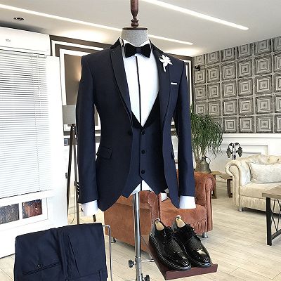 Hale Stylish 3-pieces Dark Navy Blue Notched Lapel Slim Fit Business Suits