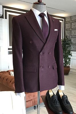 Nathan Burgundy Double Breasted Bespoke Business Suits For Men