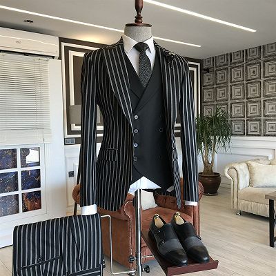 Levi Fashion Black And White Striped 3-pieces Peaked Lapel Suits For Men