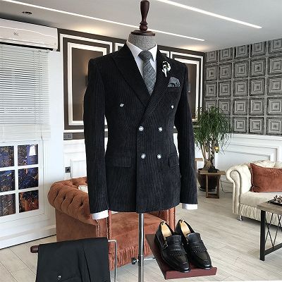 Formal All Black Peaked Lapel Double Breasted Velvet Business Men Suits