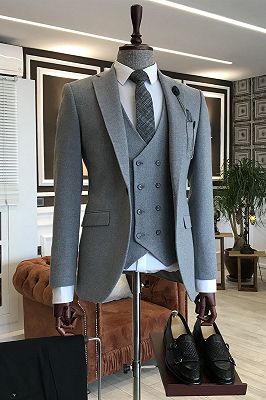 Primo Gray 3-Pieces Notched Lapel Fashion Business Men Suits_1