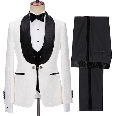 New Arrival White Jacquard Three Pieces Wedding Men Suits with Velvet Lapel_3