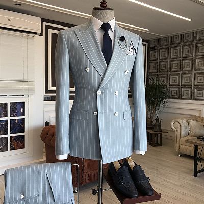 Dana Trendy Blue Striped Peaked Lapel Double Breasted Men Suits For Business