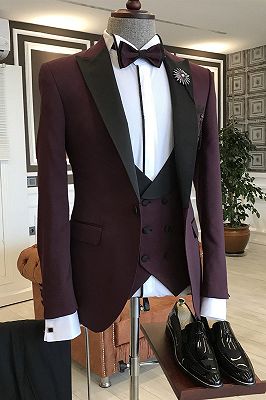 Kent Burgundy 3-Pieces Black Peaked Lapel Double Breasted Waistcoat Men Suits