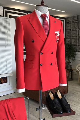 Ivan Red Peaked Lapel Double Breasted Bespoke Slim Fit Prom Men Suits_1