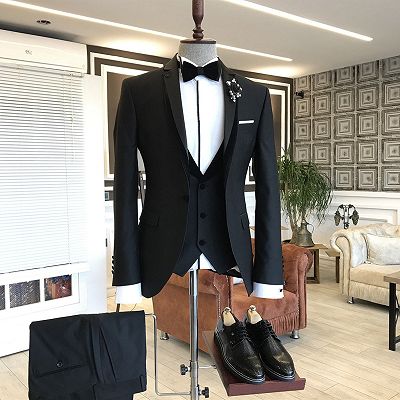 Devin Elegant 3-pieces Black Notched Lapel Business Men Suits