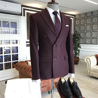 Nathan Burgundy Double Breasted Bespoke Business Suits For Men_2