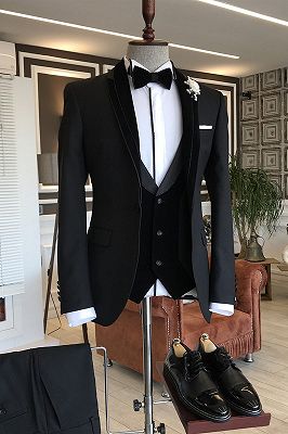 Derrick Classic 3-pieces Black Shawl Lapel Slim Fit wedding tuxedos For Grooms_1
