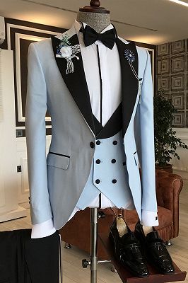 Angel Sky Blue 3-Pieces Black Peaked Lapel Slim Fit Prom Men Suits