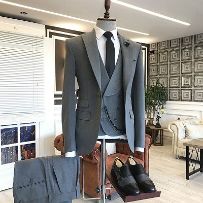 Paddy Dark Gray 3-pieces Peaked Lapel One Button Formal Business Suits_2